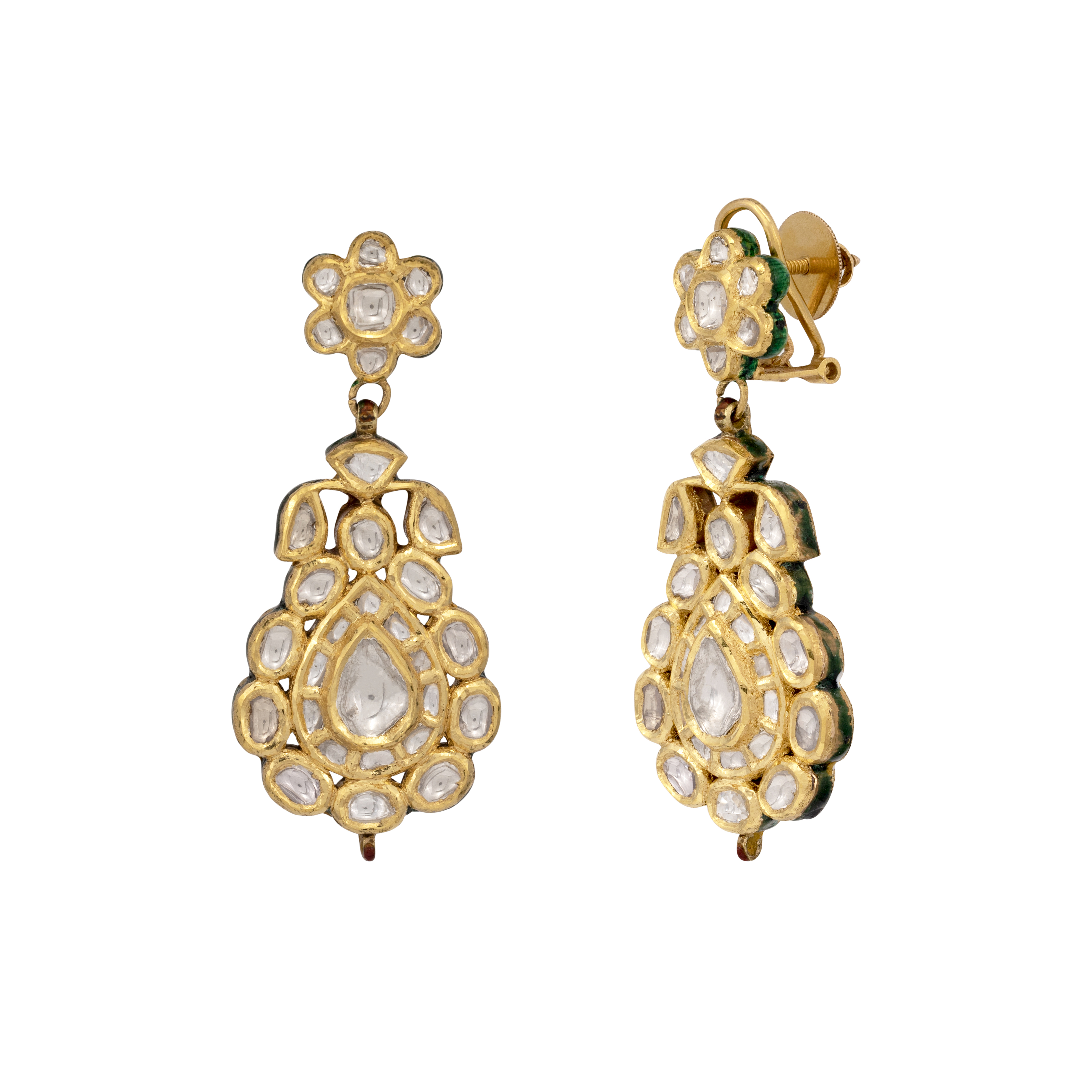 Teardrop Polki Earrings with Floral Gold Accents